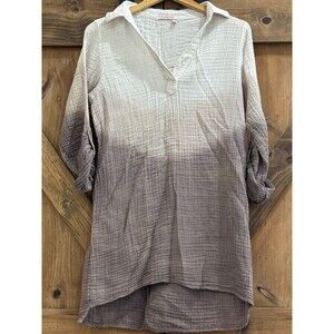 Vintage Fresh Produce Brown White Gauzy  100% Cotton Oversized Shirt Dress XS/SM